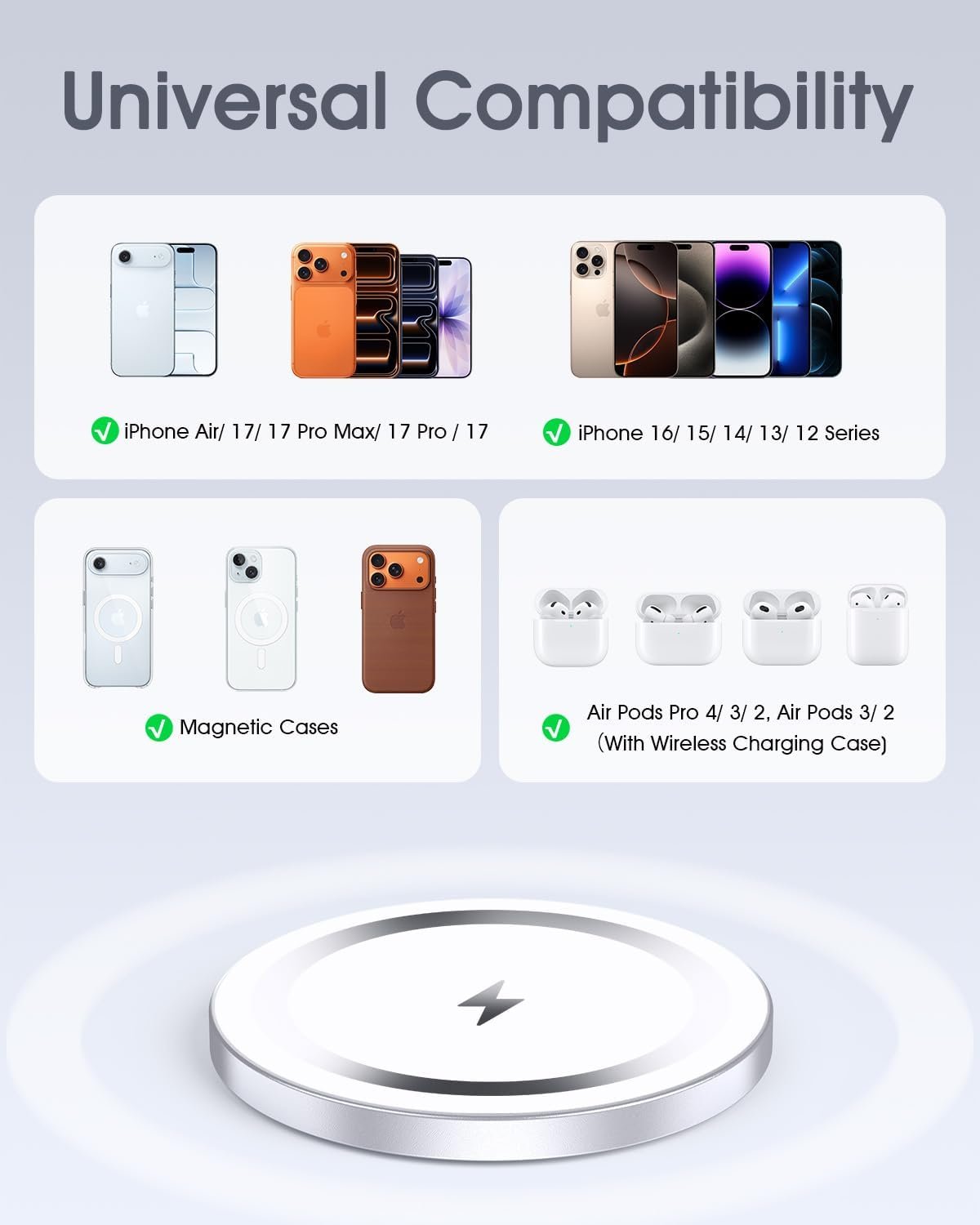 for Apple Mag-Safe Charger 2 Pack, Magnetic Wireless Charger for iPhone 17/17 Pro/17 Pro Max/Air/16 15 14 13 12 Pro Max Plus mini, Charging Pad for Airpods Pro 3 2,Strong Magnet, Silver - Image 6