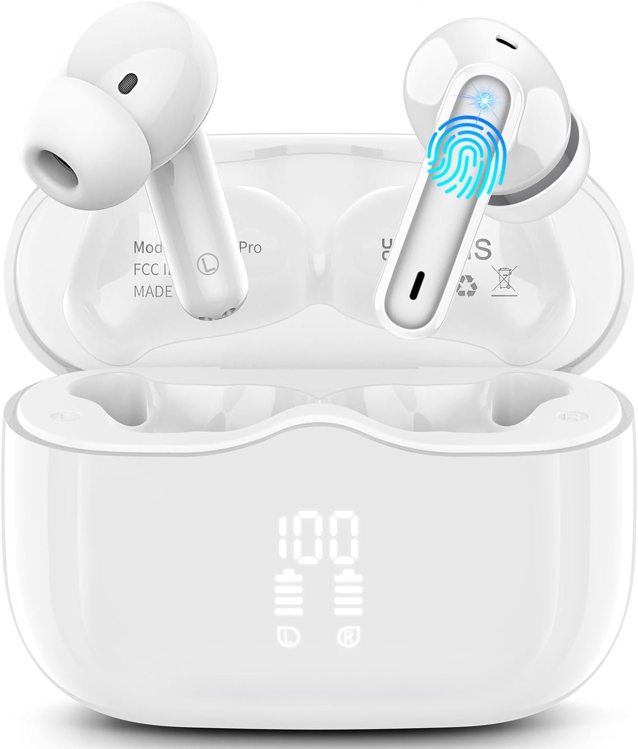 Wireless Earbuds, Bluetooth 5.4 Headphones in Ear with 4 ENC Noise Cancelling Mic, New Wireless Earphones HiFi Stereo Deep Bass 40H Playtime, In-Ear Bluetooth Earbuds LED Display IP7 Waterproof, White