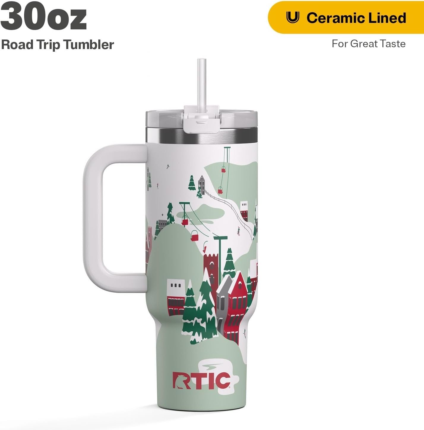 RTIC 30 oz Road Trip Tumbler Double-Walled Ceramic Lined InsulatedStainless Steel Portable Travel Coffee Mug Cup with Lid, Handle and Straw, Apres Ski - Image 2