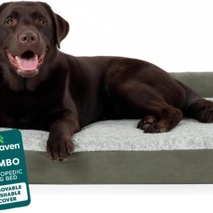 FurHaven Orthopedic Dog Bed for X-Large Dogs, L-Shaped Chaise Contour Mattress with Egg Crate Orthopedic Memory Foam for Joint Support, Removable Washable Cover, Jumbo/XL, Faux Fur & Suede, Dark Sage