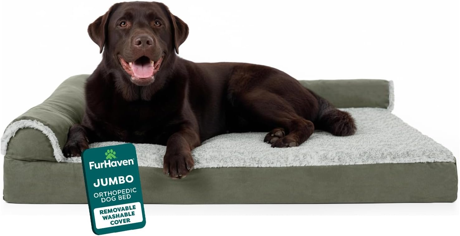 FurHaven Orthopedic Dog Bed for X-Large Dogs, L-Shaped Chaise Contour Mattress with Egg Crate Orthopedic Memory Foam for Joint Support, Removable Washable Cover, Jumbo/XL, Faux Fur & Suede, Dark Sage