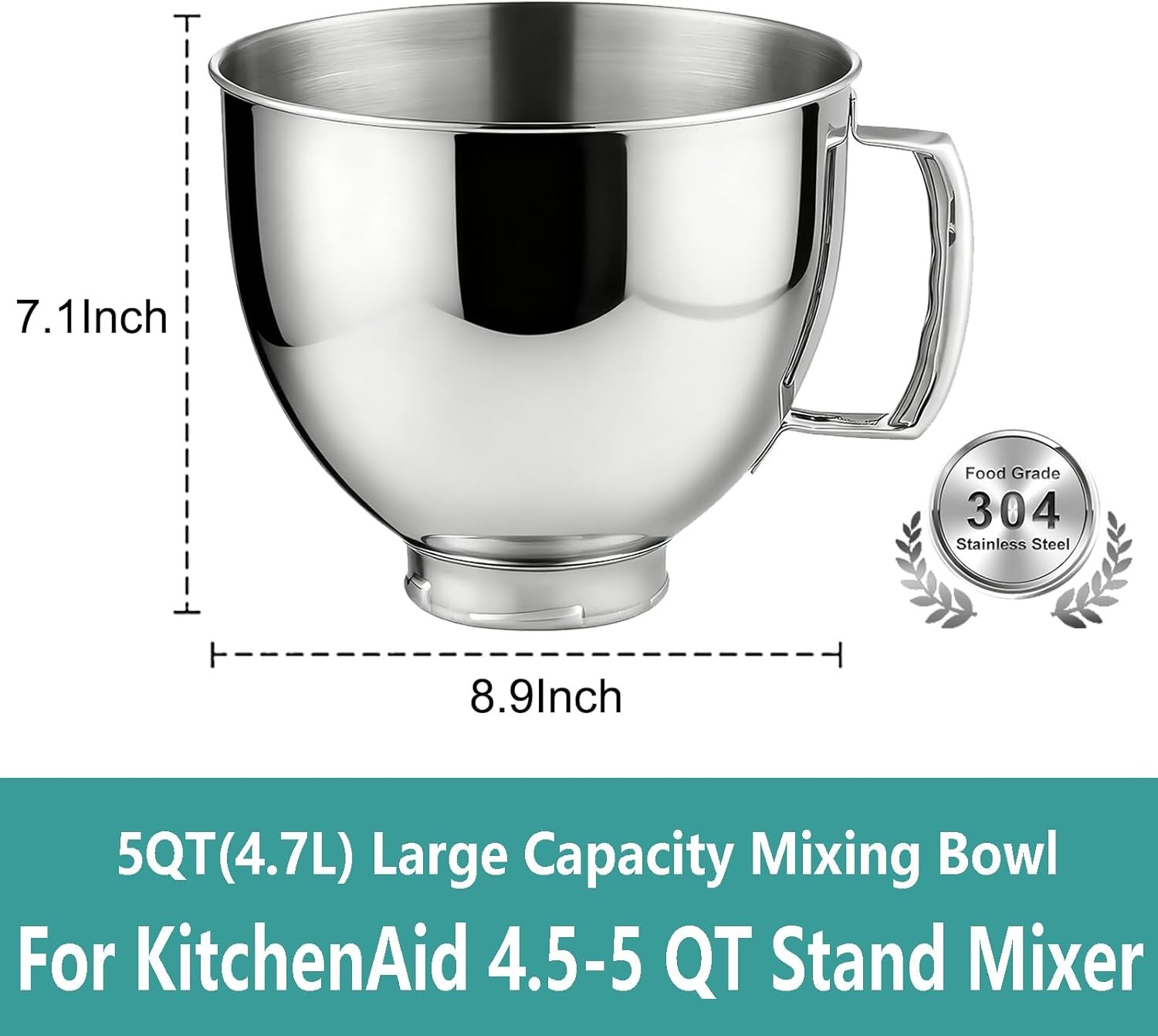5 QT Stand Mixer Bowls Fit for Kitchenaid Artisan & Classic Series 4.5-5 Quart Tilt Head Stand Mixers Stainless Steel Mixing Bowls with Handle Stand Mixer Replacement/Accessories Bowls Polished - Image 5