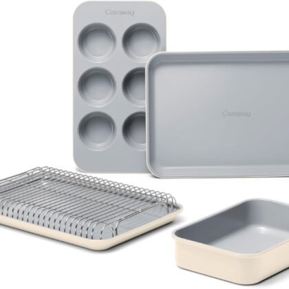 Caraway Mini Bakeware Set – Naturally Non-Stick, Non-Toxic Ceramic Coating – Compact Baking Pans Set for Small Kitchens & Ovens – Includes Baking Sheets, Muffin Pan, Cooling Rack & Storage - Cream