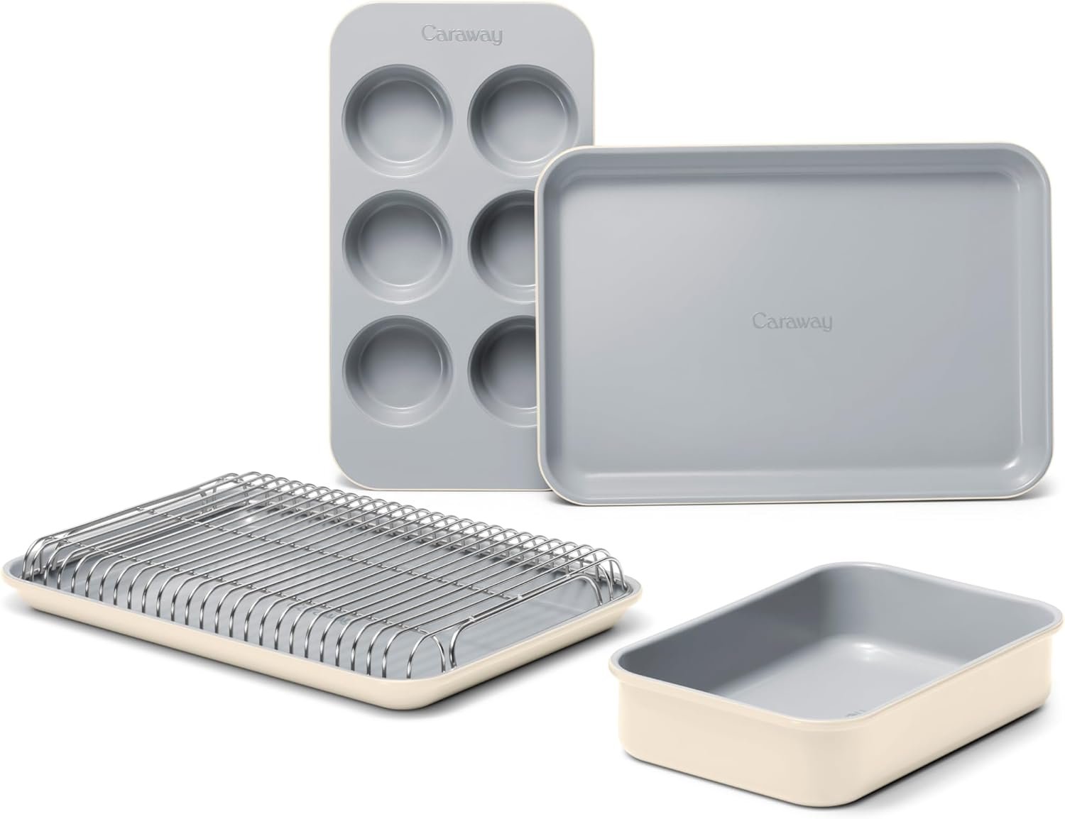 Caraway Mini Bakeware Set – Naturally Non-Stick, Non-Toxic Ceramic Coating – Compact Baking Pans Set for Small Kitchens & Ovens – Includes Baking Sheets, Muffin Pan, Cooling Rack & Storage - Cream