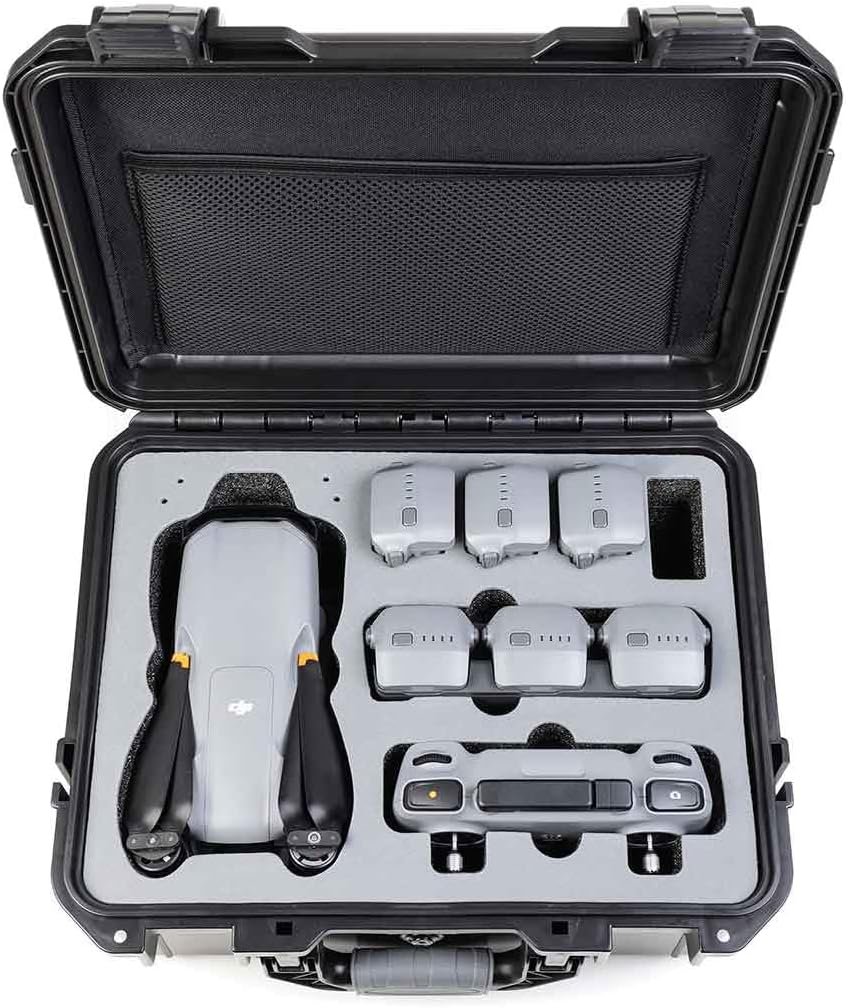 Drone Case for DJI Air 3S / 3 Fly More Combo Waterproof Hard Shell Shockproof with Strap & Mesh Pocket for Accessories Custom-Foam Solt fits Drone Controller Batteries and Charger 14.2x6.3x11.4