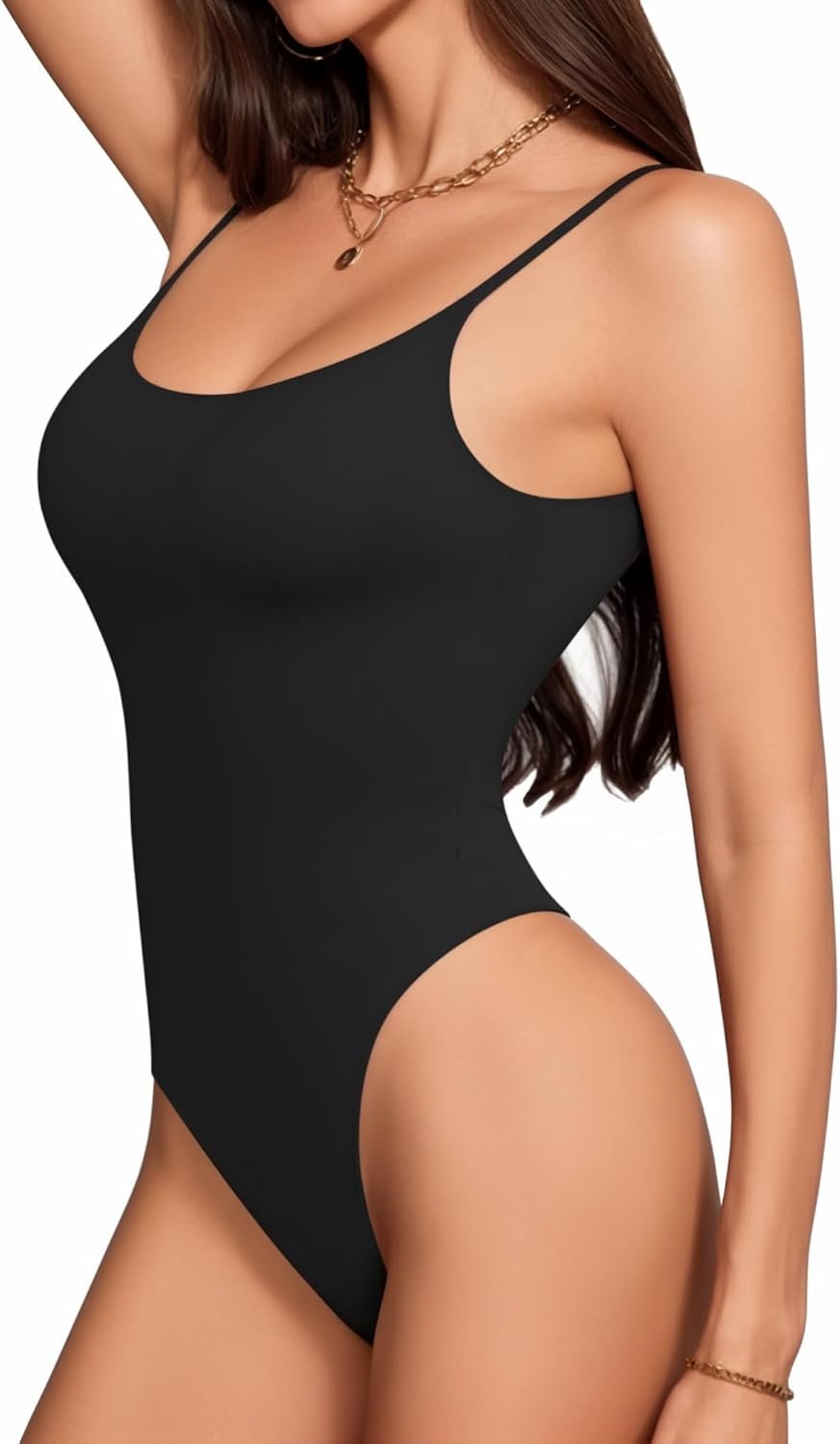 MANGOPOP Women's Cami Thong Bodysuit Double Lined Square Neck Backless Body Suit Adjustable Spaghetti Strap Tank Tops - Image 2