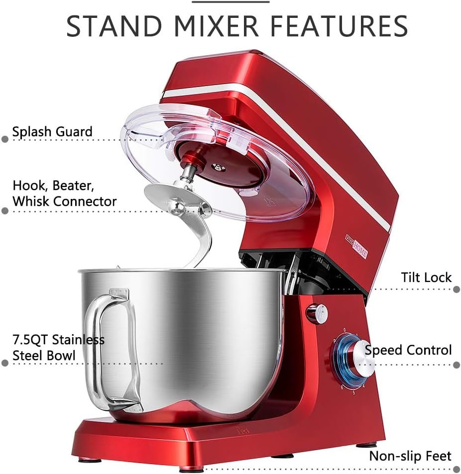 VIVOHOME 7.5 Quart Stand Mixer, 660W 6-Speed Tilt-Head Kitchen Electric Food Mixer with Beater, Dough Hook, Wire Whip, and Egg Separator, Red - Image 8