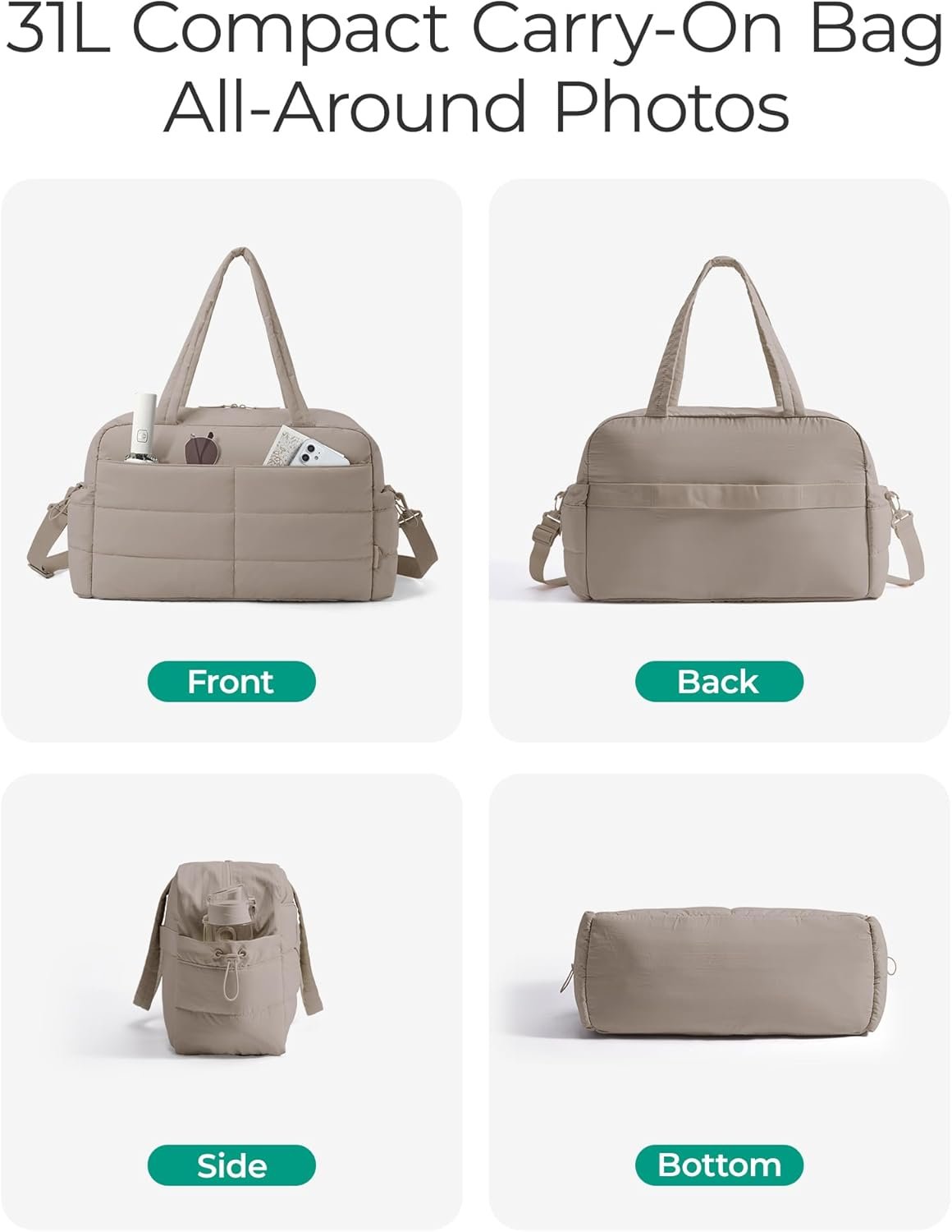 BAGSMART Gym Bag for Women, Lightweight Puffer Duffle Bag 2-PC Travel Bag, 31L Weekender Overnight Bag Quilted Carry On Tote Bag, Diaper Hospital Dance bag for Travel, Gym, Water Resistant, Camel - Image 5