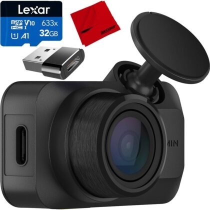 Garmin 010-02899-00 Dash Cam Mini 3 Ultracompact 1080p with 140 Degree Field of View Bundle with Lexar 32GB Memory Card, Microfiber Cleaning Cloth and Deco Essentials Converter Adapter