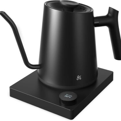 Greater Goods Electric Gooseneck Kettle, 1200W Stainless Steel with Precision Temperature Control, Fast Boil, BPA-Free, Ideal for Pour Over Coffee and Tea,1L (Onyx Black)