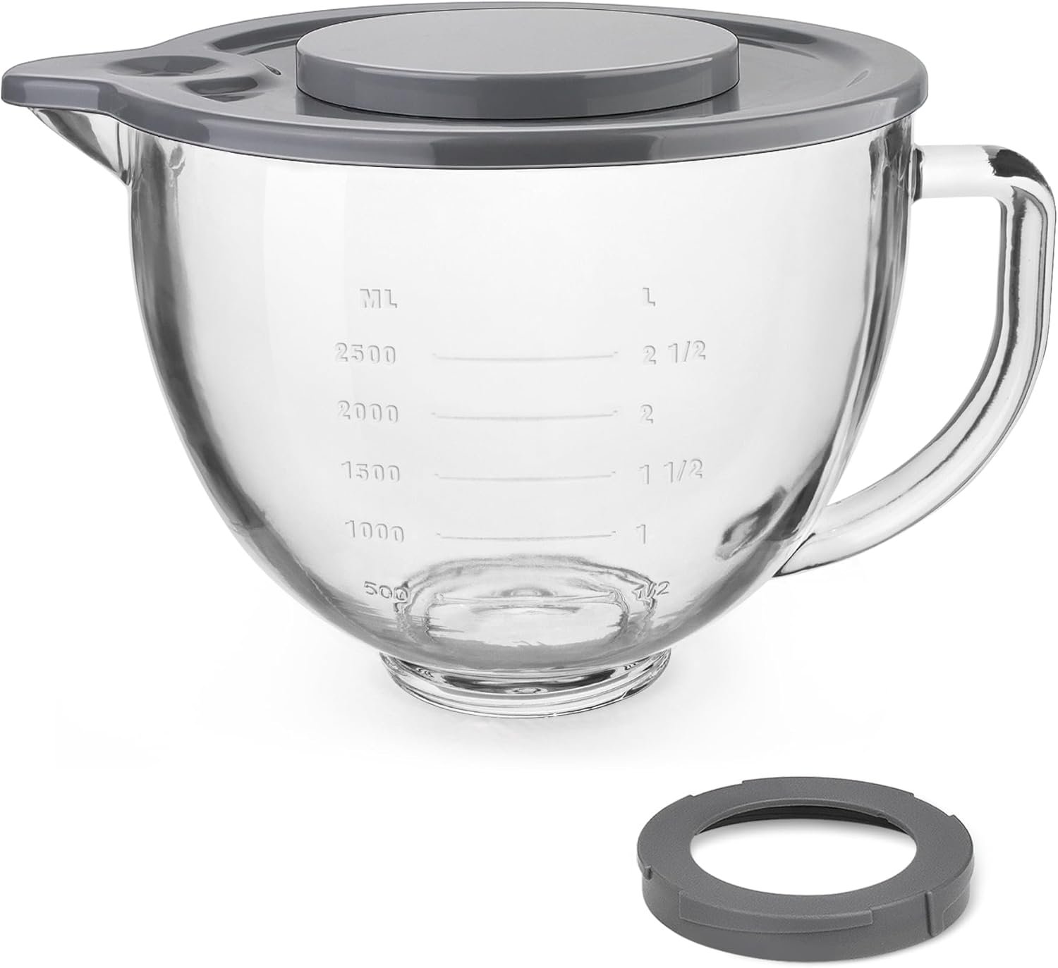 Glass Mixing Bowl Accessory 5 Quart - Compatible with KitchenAid 4.5 and 5 Quart Tilt-Head Stand Mixers (With Lid & Lock Ring)