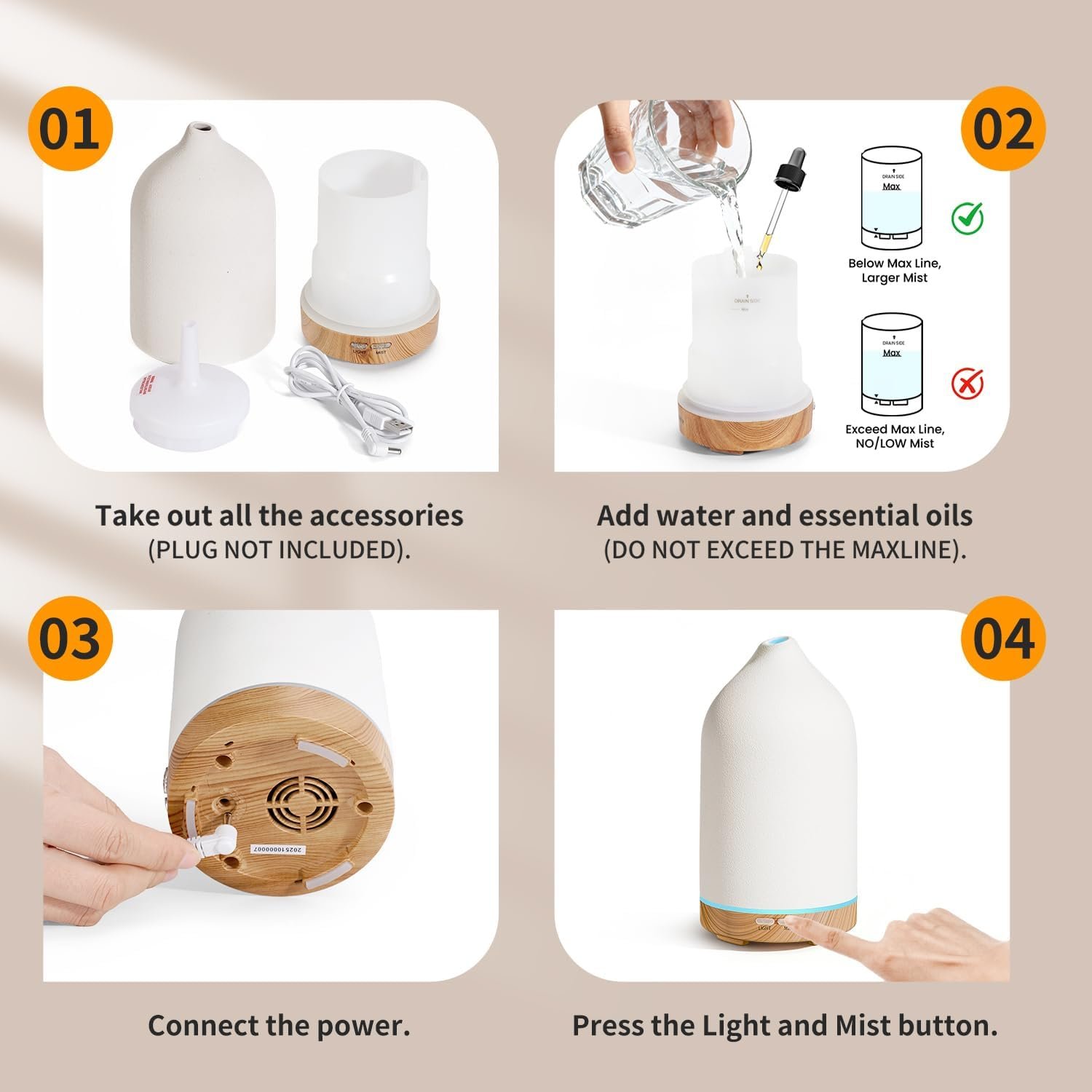 URPOWER 120ML Ceramic Essential Oil Diffuser Ultrasonic Aromatherapy Diffuser with Wood Grain Base, 7-Color LED Lights Auto Shut-Off, Humidifier for Home & Office, Air Diffuser for Relaxation - Image 7