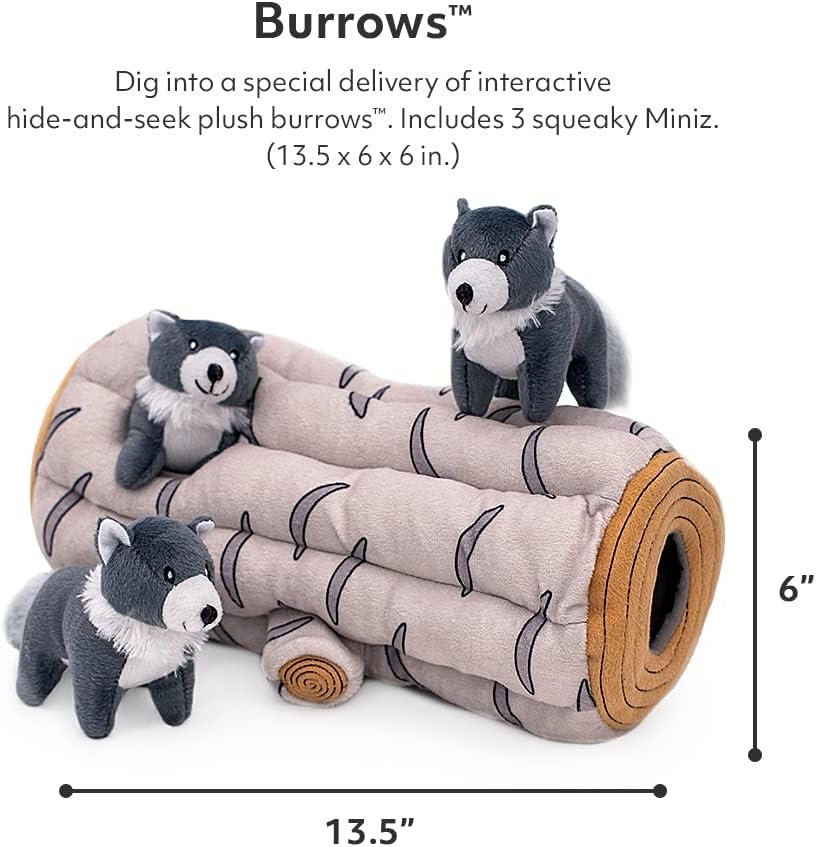 ZippyPaws Burrow- Interactive Dog & Puppy Toys for Boredom, Stimulating Pet Products to Keep Them Busy, Hide & Seek Plush Dog Puzzle, Enrichment Squeaky Toy, for Small & Medium Dogs- Arctic Wolf Log - Image 2