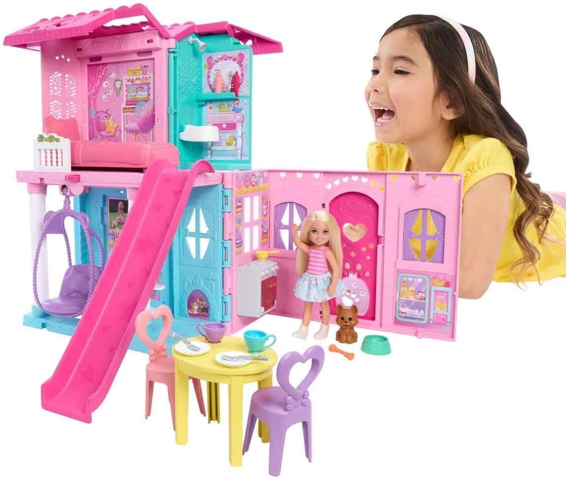 Barbie Chelsea Toy Dollhouse with 15+ Accessories, Pop-Up House Expands to 17+ x 13+ inches with 5 Play Areas & Slide, Includes Small Doll & Pet Dog - Image 4