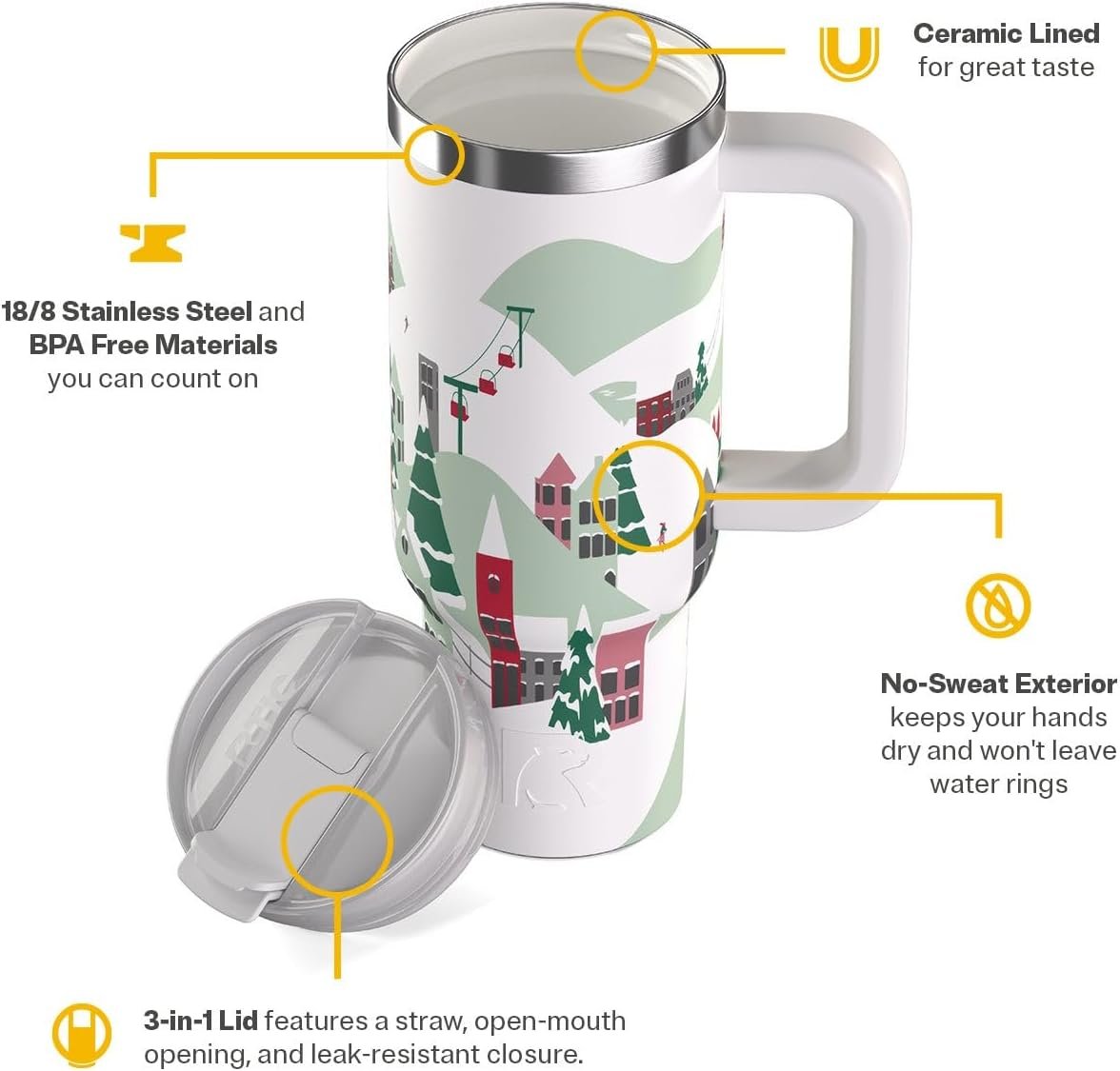 RTIC 30 oz Road Trip Tumbler Double-Walled Ceramic Lined InsulatedStainless Steel Portable Travel Coffee Mug Cup with Lid, Handle and Straw, Apres Ski - Image 3