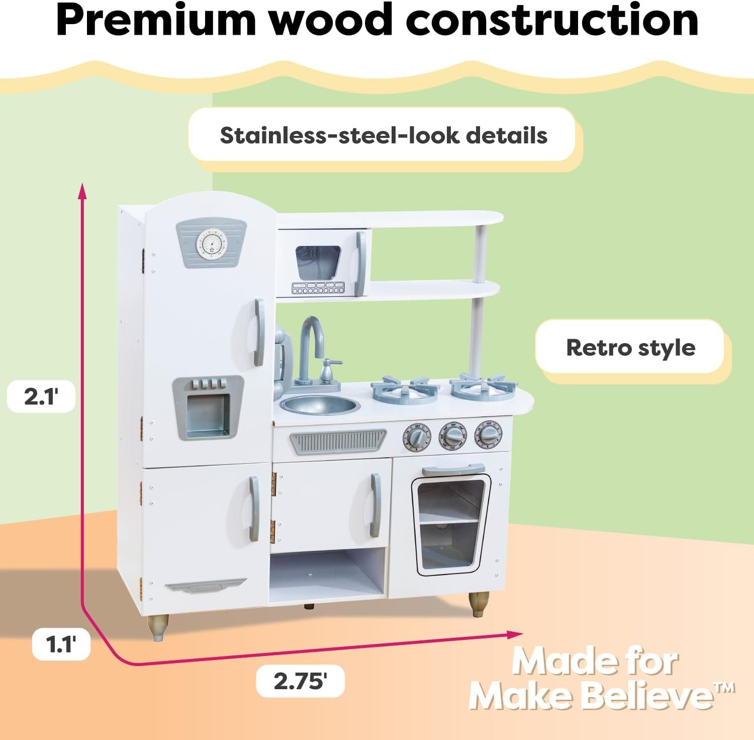 KidKraft Vintage Wooden Play Kitchen with Pretend Ice Maker and Play Phone, White - Image 3