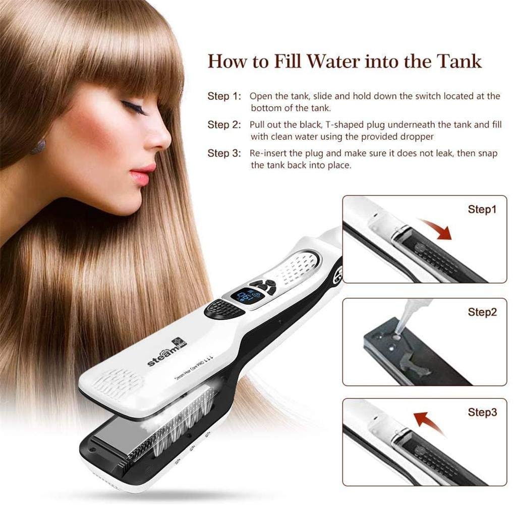 Professional Steam Hair Straightener, Electric Fast Steam Hair Straightener Brush Titanium Ceramic Flat Iron, with Anti-Static Technology and Digital Controls Suitable for All Hair Types (White) - Image 2