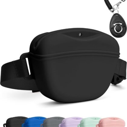 Dog Treat Pouch with Training Clicker, Upgrade Stronger Magnetic Closure to Avoid Spilling, 1.67 Cup Silicone Treat Bag Fanny Pack with Waist Belt for Pet Training Walking (Black)
