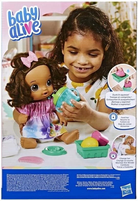 Baby Alive Fruity Sips Doll, Lemon, Toys for 3 Year Old Girls, 12-inch Baby Doll Set, Drinks & Wets, Pretend Juicer, Kids 3 and Up, Brown Hair - Image 4