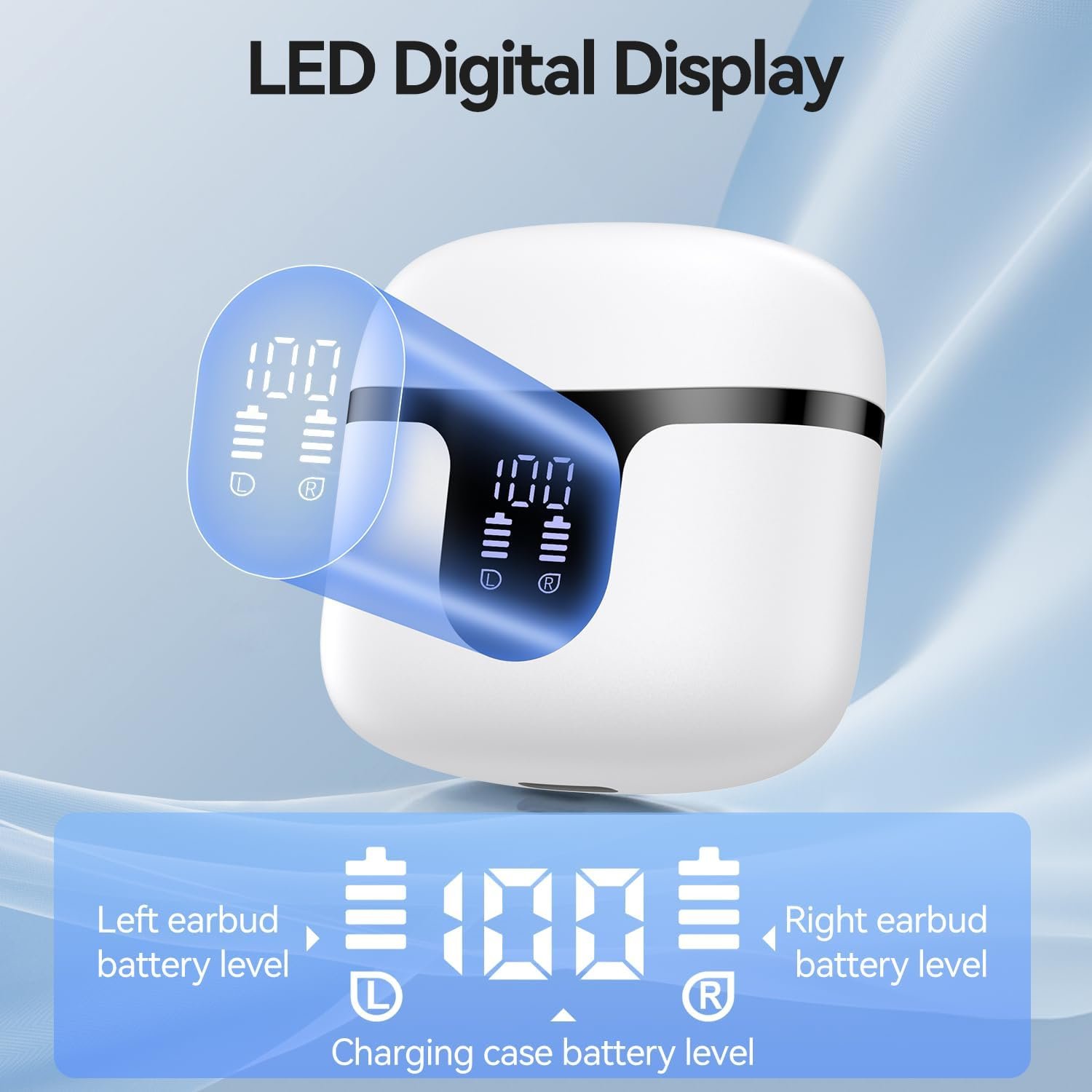 Wireless Earbuds, Bluetooth 5.3 Headphones Deep Bass Stereo Sound with ENC Noise Cancellation Wireless Headphones with 50H Playback and LED Display, IPX7 Waterproof Ear Buds White - Image 5