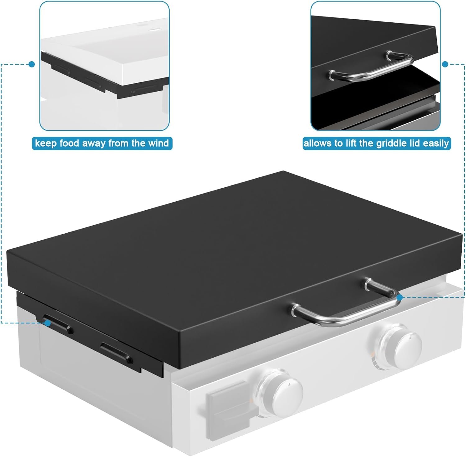 5011 Hard Cover Top Lid with Stainless Steel Handles and Wind Guard for Blackstone 22” Table Top Grill, Flat Top Griddle Accessories for Black Stone, Black - Image 4