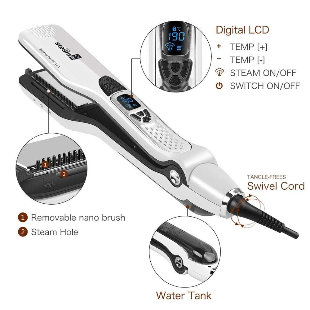 Professional Salon Steam Hair Straightener, Nano Titanium Ceramic Steam Flat Iron with Removable Comb+Digital LCD+5 Level Adjustable Temperature+Auto Temperature Lock, White - Image 2