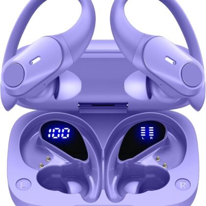 GOLREX Noise Cancelling Ear Buds Wireless Earbuds Bluetooth Headphones with 80H Playtime, Dual LED Display, Wireless Charging Case, Over-Ear Hooks Earphones for Sports Running Gym Workout Purple