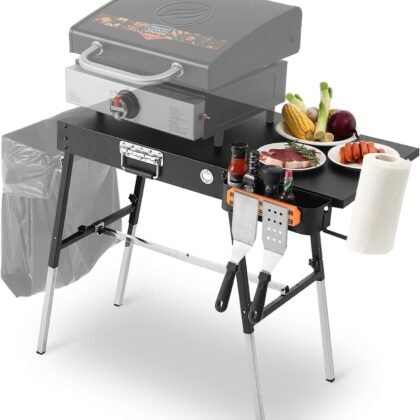 Grill Tables for Outside, Blackstone Griddle Stand with Trash Holder - Fit 17” or 22” Other Tabletop Grill, Folding Portable Ninja Grill Stand& Blackstone Table for Outdoor Tailgate, Camping
