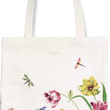 kate spade new york Canvas Tote Bag for Women, Cute Tote Bag for Work or Teacher, Canvas Beach Bag, Book Tote with Pocket, Dragonflies and Tulips
