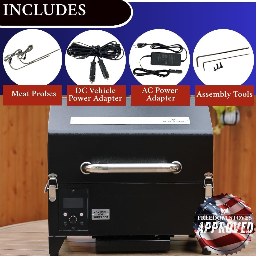 Freedom Stoves Portable Pellet Grill Smoker: Off-Grid BBQ for Camping & Tailgating, Fits Full Racks or Beer Can Chickens, 8.5LB Hopper, Peaked Lid, Dual Probes, 120V & 12V Compatible - Image 3