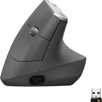 Logitech MX Vertical Wireless Mouse – Ergonomic Design Reduces Muscle Strain, Move Content Between 3 Windows and Apple Computers, Rechargeable, Graphite