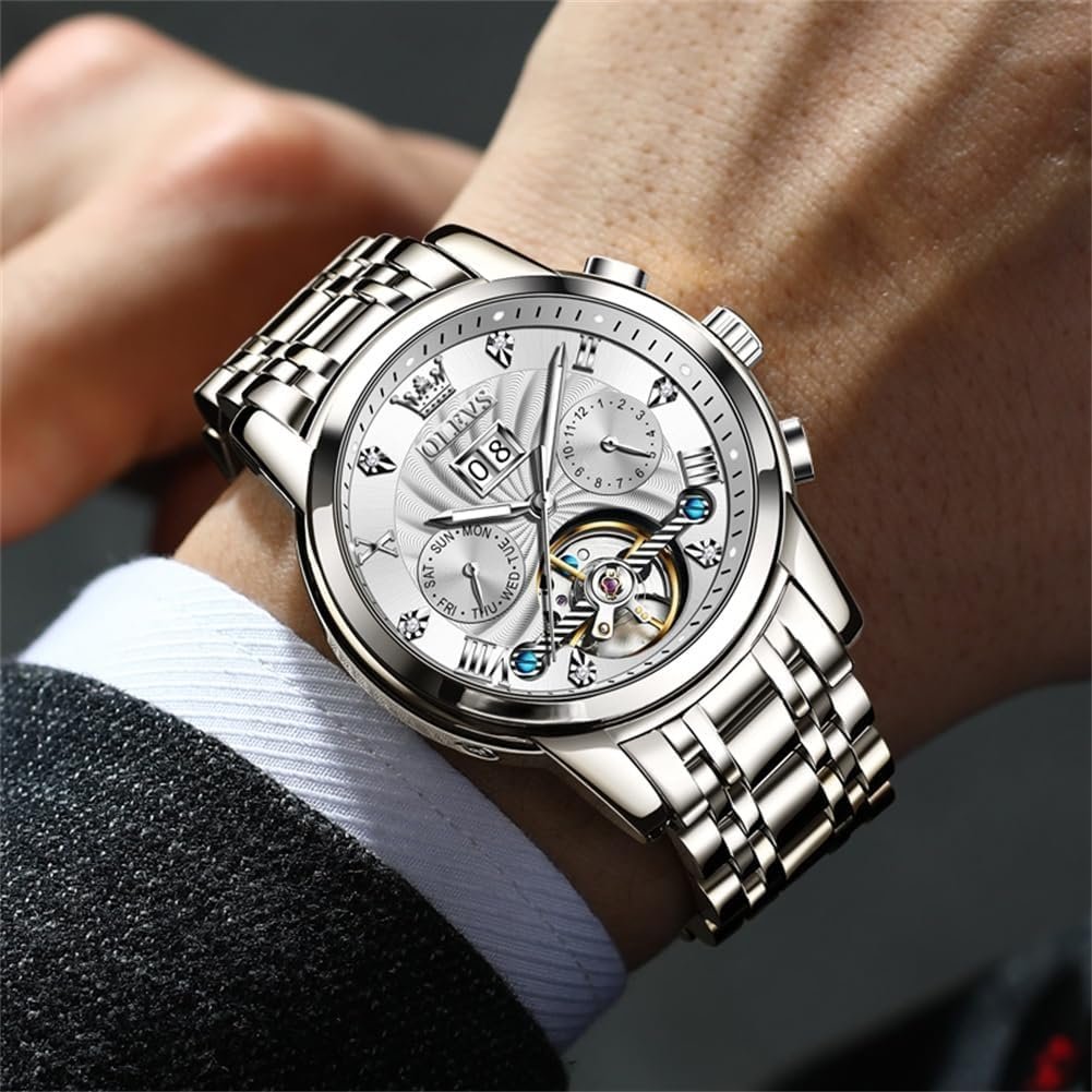 OLEVS Mens Automatic Watches Self Winding Mechanical Skeleton Tourbillon Luxury Diamond Business Dress Date Wrist Watches for Men Waterproof Luminous - Image 2