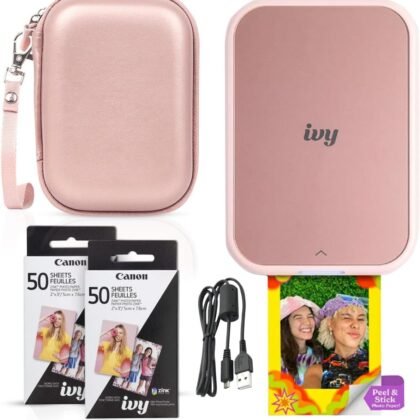 Canon Ivy 2 Mini Photo Printer (Blush Pink) - Bluetooth, Print from iOS & Android Devices, Bundle Incl. 110 Zink Sticky-Back Prints, LED Light Bar, Protective Case, and USB Cable
