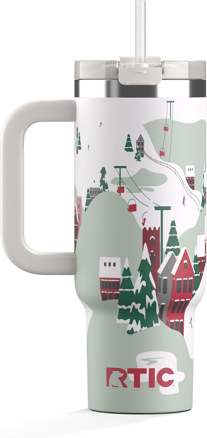 RTIC 30 oz Road Trip Tumbler Double-Walled Ceramic Lined InsulatedStainless Steel Portable Travel Coffee Mug Cup with Lid, Handle and Straw, Apres Ski