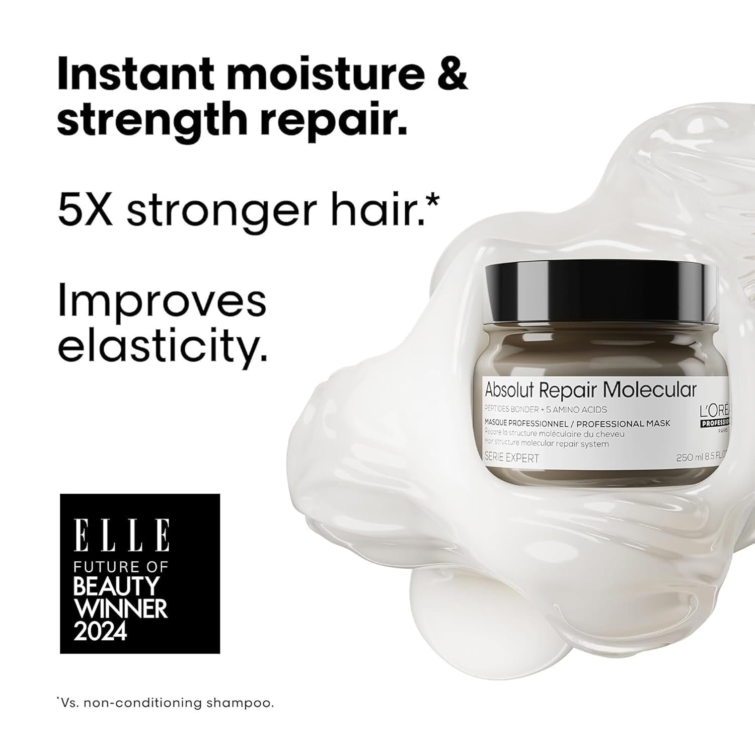 L'Oréal Professionnel Paris Absolut Repair Molecular Hair Mask - Repairs Damage & Restores Strength For Extremely Dry Damaged Hair, Extra Detangling & Hydration, Peptides Bonder - Image 3