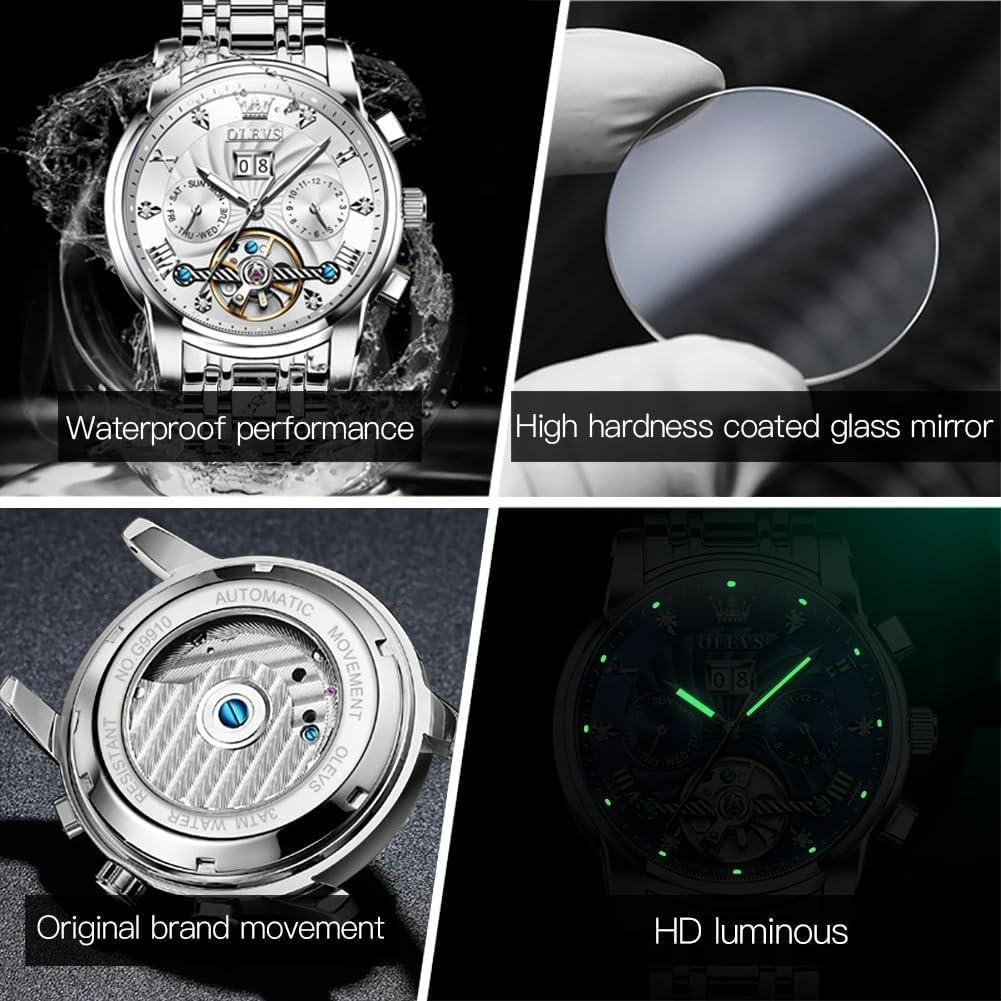 OLEVS Mens Automatic Watches Self Winding Mechanical Skeleton Tourbillon Luxury Diamond Business Dress Date Wrist Watches for Men Waterproof Luminous - Image 4