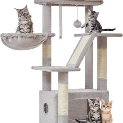 Taoqimiao Cat Tree,38.2-Inch Cat Tower for Indoor Cats,Suitable for Kittens with Luxurious cat condo with Adjustable Baskets and Luxurious Perch Light Gray MS029SW