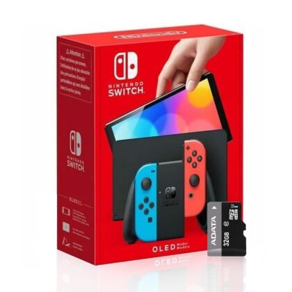 Nintendo Switch (OLED model) with Neon Blue and Neon Red Joy-Con and Extra 32GB Micro SD Card - Global Version
