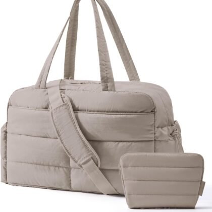 BAGSMART Gym Bag for Women, Lightweight Puffer Duffle Bag 2-PC Travel Bag, 31L Weekender Overnight Bag Quilted Carry On Tote Bag, Diaper Hospital Dance bag for Travel, Gym, Water Resistant, Camel