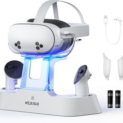 NexiGo Enhanced Charging Dock for Meta Quest 3 and 3S, with LED Light [On/Off], [Support Elite Strap with Battery], Headset Display Holder and Controller Mount, Rechargeable Batteries, White