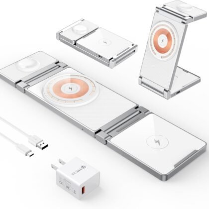 Magnetic Charging Station,Hohosb 3 in 1 Foldable Zinc Alloy Wireless Charger Stand[Compatible with Magsafe Charger] for iPhone 15/14/13/12 Series, AirPods Pro/3/2,Apple Watch/iWatch-White