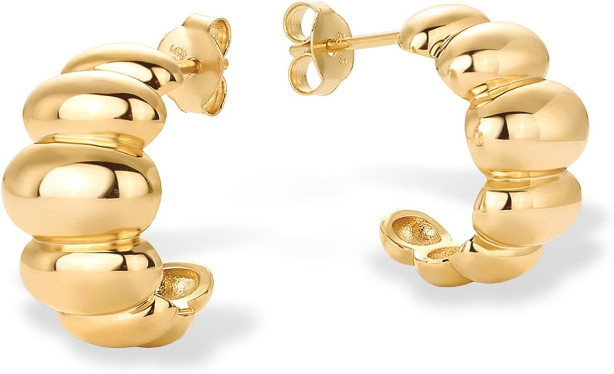 PAVOI 14K Gold Plated Ribbed Hoop Earrings for Women - Chunky Ridge Statement Earrings - Boho Puffy Croissant Huggie Hoops Trendy Gold Jewelry - Image 3