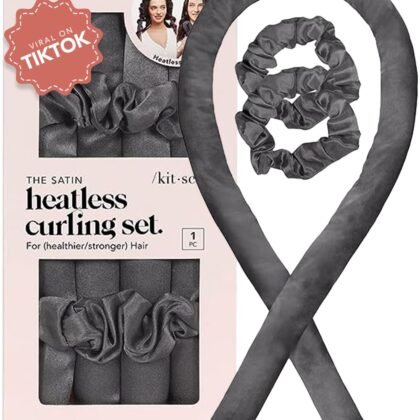 Kitsch Holiday Gift Silk Heatless Hair Curler | Heatless Curling Rod Headband | Satin Heatless Curling Set for Hair | Perfect Heatless Curls (Charcoal)