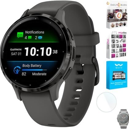 Garmin 010-02785-00 Venu 3S Health Fitness GPS Smartwatch Steel Bezel with Pebble Gray Case 41mm | Official USA Partner Model | Bundle with Deco Screen Protector, Fitness & Wellness Suite