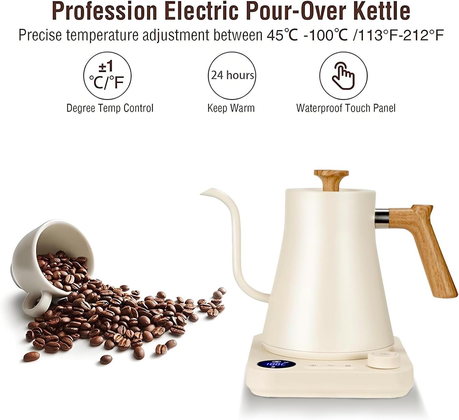 Electric Kettles, Gooseneck Electric Kettle, ±1℉ Temperature Control, Stainless Steel Inner, Quick Heating, for Pour Over Coffee, Brew Tea, Boil Hot Water, 0.9L (White) - Image 2