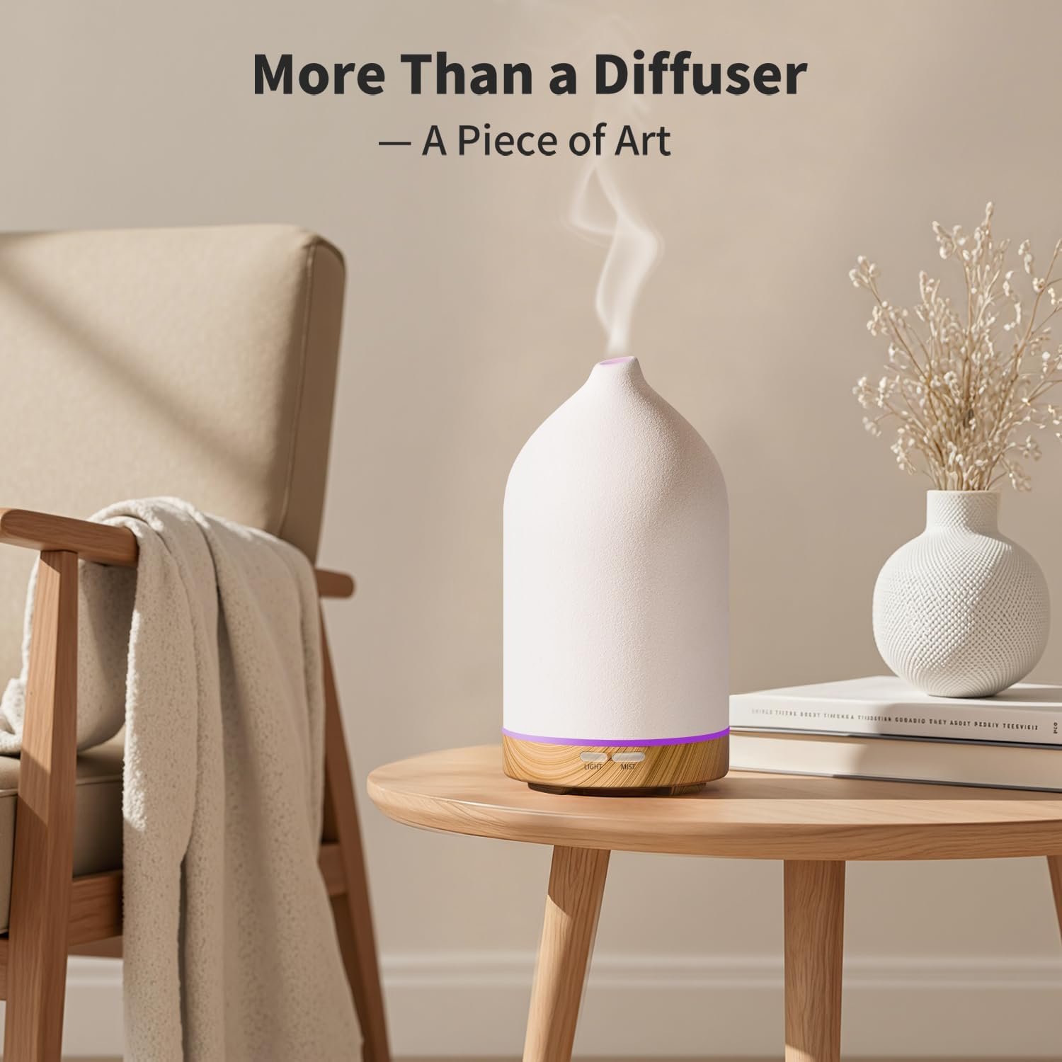 URPOWER 120ML Ceramic Essential Oil Diffuser Ultrasonic Aromatherapy Diffuser with Wood Grain Base, 7-Color LED Lights Auto Shut-Off, Humidifier for Home & Office, Air Diffuser for Relaxation - Image 5