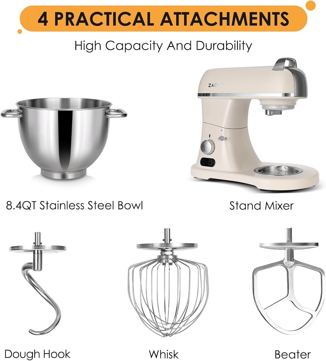 8.4QT Commercial Stand Mixer 800W with Aluminum Die Casting Meets the Standard of NSF/ANSI 8-2023, Mixers Kitchen Electric Stand Mixer with Stainless Steel 8L Bowl, Dough Hook, Whisk and Beater - Image 6