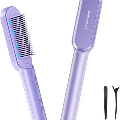 Wavytalk Hair Straightener Brush, Sleek Sweep Ionic Straightening Brush with 6 Temperature Adjust, Anti-Scald Ceramic Straightening Comb Fast Heating for Home Salon, Dual Voltage, Purple.