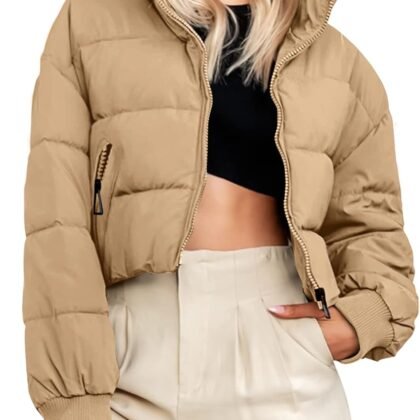MEROKEETY Women's 2025 Winter Cropped Puffer Jacket Long Sleeve Oversized Stand Collar Zip-Up Short Coat