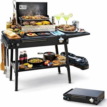 Improved Heavy-duty Stable Outdoor Cooking Workstation, Foldable Grill Table & BBQ Prep Cart Designed for Blackstone 17" & 22",Height Adjustable Premium Tailgating Grill Stand